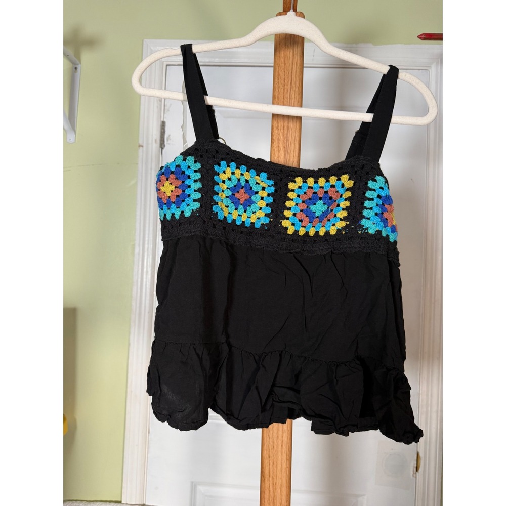 SO Goods For Life Crochet Granny Square Boho Cami Top Black Large Smocked Back